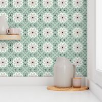 flowers and leaves on a grid, sea foam green 
