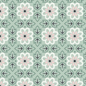 flowers and leaves on a grid, sea foam green 