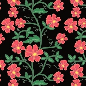 Batik Inspired Vine Coral Pink Flowers on Black