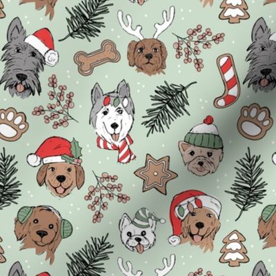 Cute vintage boho Christmas dogs and cookies - freehand seasonal snacks and husky labradoodle scotties and other puppy friends pink olive green on mint green