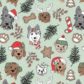 Cute vintage boho Christmas dogs and cookies - freehand seasonal snacks and husky labradoodle scotties and other puppy friends pink olive green on mint green