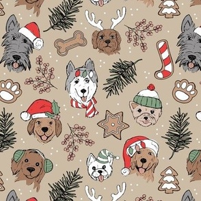 Cute vintage boho Christmas dogs and cookies - freehand seasonal snacks and husky labradoodle scotties and other puppy friends pink olive green pink on beige tan