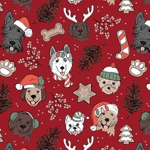 Cute vintage boho Christmas dogs and cookies - freehand seasonal snacks and husky labradoodle scotties and other puppy friends coral red olive green on ruby