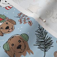 Cute vintage boho Christmas dogs and cookies - freehand seasonal snacks and husky labradoodle scotties and other puppy friends pink red olive green on light blue