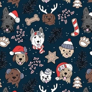 Cute vintage boho Christmas dogs and cookies - freehand seasonal snacks and husky labradoodle scotties and other puppy friends pink moody blue red on navy night