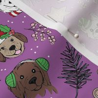 Cute vintage boho Christmas dogs and cookies - freehand seasonal snacks and husky labradoodle scotties and other puppy friends pink beige ruby red neon green on purple nineties retro palette