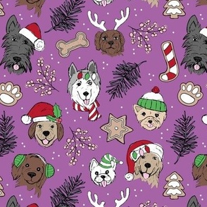 Cute vintage boho Christmas dogs and cookies - freehand seasonal snacks and husky labradoodle scotties and other puppy friends pink beige ruby red neon green on purple nineties retro palette