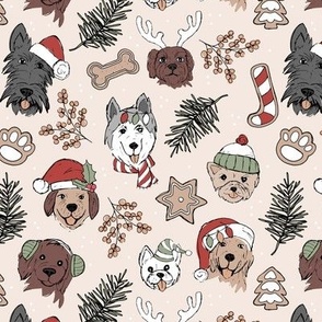 Cute vintage boho Christmas dogs and cookies - freehand seasonal snacks and husky labradoodle scotties and other puppy friends ruby red olive green on sand