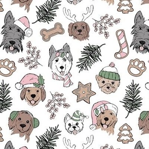 Cute vintage boho Christmas dogs and cookies - freehand seasonal snacks and husky labradoodle scotties and other puppy friends pink olive green on white