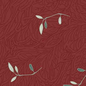 falling green leaves on a dark red background with floral texture - large scale