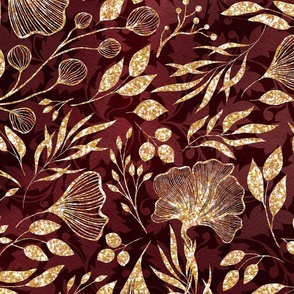 Gothic Gold Ornamental Foliage Pattern with Red Background
