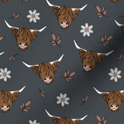 Scottish highland cows - sweet freehand drawn animal illustration with flowers and leaves Scotland kids design white blush on charcoal gray vintage neutral palette