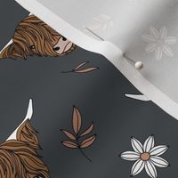 Scottish highland cows - sweet freehand drawn animal illustration with flowers and leaves Scotland kids design white blush on charcoal gray vintage neutral palette