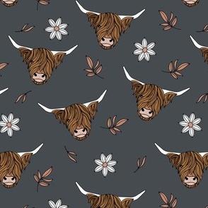 Scottish highland cows - sweet freehand drawn animal illustration with flowers and leaves Scotland kids design white blush on charcoal gray vintage neutral palette