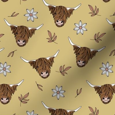 Scottish highland cows - sweet freehand drawn animal illustration with flowers and leaves Scotland kids design soft white pink on mustard yellow