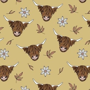 Scottish highland cows - sweet freehand drawn animal illustration with flowers and leaves Scotland kids design soft white pink on mustard yellow