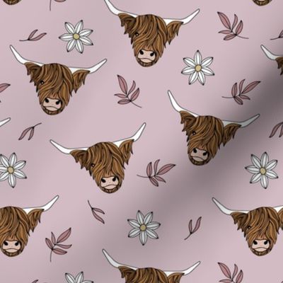 Scottish highland cows - sweet freehand drawn animal illustration with flowers and leaves Scotland kids design white vintage rose mauve 