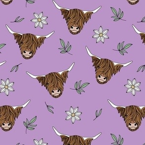 Scottish highland cows - sweet freehand drawn animal illustration with flowers and leaves Scotland kids design white mint brown on lilac purple spring palette