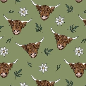 Scottish highland cows - sweet freehand drawn animal illustration with flowers and leaves Scotland kids design white pine green on olive green