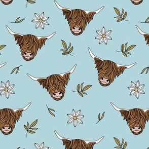 Scottish highland cows - sweet freehand drawn animal illustration with flowers and leaves Scotland kids design mustard camel white on light blue