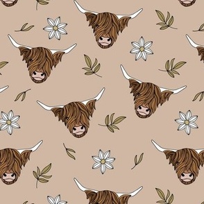 Scottish highland cows - sweet freehand drawn animal illustration with flowers and leaves Scotland kids design mustard white on tan beige