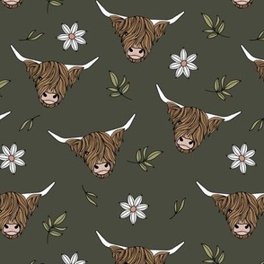 Scottish highland cows - sweet freehand drawn animal illustration with flowers and leaves Scotland kids design white sage green on deep olive camo winter palette