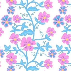 Batik Inspired Vine Pink and Blue Flowers with Baby Blue Vines on White