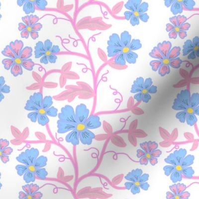 Batik Inspired Vine Blue and Pink Flowers with Pink Vines on White