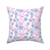 Batik Inspired Vine Blue and Pink Flowers with Pink Vines on White