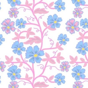 Batik Inspired Vine Blue and Pink Flowers with Pink Vines on White