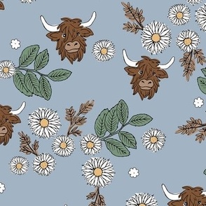 Freehand messy highland cows - Scottish country side spring daisies and flower field vintage style kids design white yellow green on moody blue