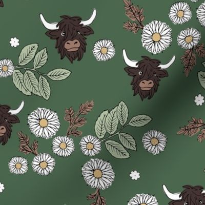 Freehand messy highland cows - Scottish country side spring daisies and flower field vintage style kids design white yellow soft safe on olive green