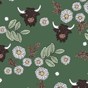 Freehand messy highland cows - Scottish country side spring daisies and flower field vintage style kids design white yellow soft safe on olive green