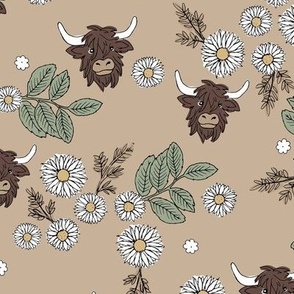 Freehand messy highland cows - Scottish country side spring daisies and flower field vintage style kids design white yellow sage green on soft beige sand