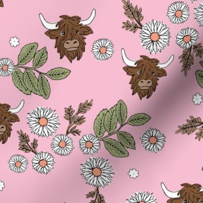 Freehand messy highland cows - Scottish country side spring daisies and flower field vintage style kids design matcha green on pink