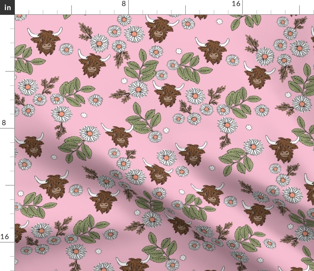 Freehand messy highland cows - Scottish country side spring daisies and flower field vintage style kids design matcha green on pink