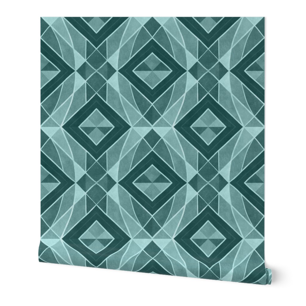 Monochromatic geometric abstract squares in  turquoise harmony // normal scale 0016 A // symmetrical squares triangles rhombuses blue teal green monochrome