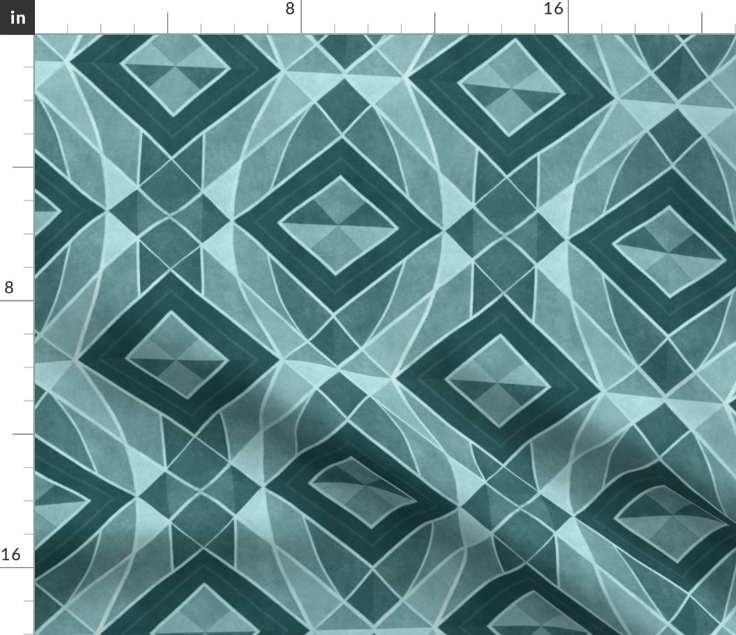 Monochromatic geometric abstract squares in  turquoise harmony // normal scale 0016 A // symmetrical squares triangles rhombuses blue teal green monochrome
