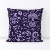 Mystical Macabre Damask Ornament And Skull Pattern Dark Purple Large Scale