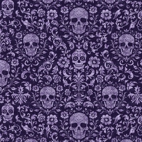 Mystical Macabre Damask Ornament And Skull Pattern Dark Purple Medium Scale