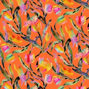 LArge fun whimsical Watercolor Tulips Cats Orange