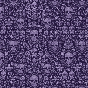 Mystical Macabre Damask Ornament And Skull Pattern Dark Purple Smaller Scale