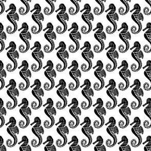 Black and white seahorse aquatic sea animal block print style