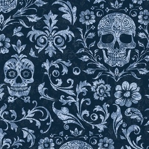 Mystical Macabre Damask Ornament And Skull Pattern Blue Large Scale
