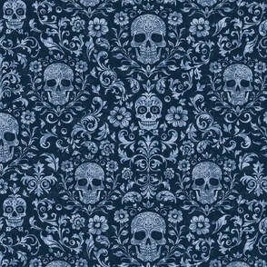 Mystical Macabre Damask Ornament And Skull Pattern Blue Medium Scale