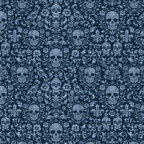 Mystical Macabre Damask Ornament And Skull Pattern Blue Smaller Scale