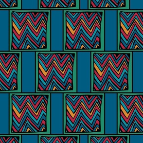 African Tapestry Chevron Zig Zag Squares on Turkish Tile Blue