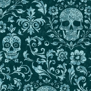 Mystical Macabre Damask Ornament And Skull Pattern Emerald Teal Large Scale