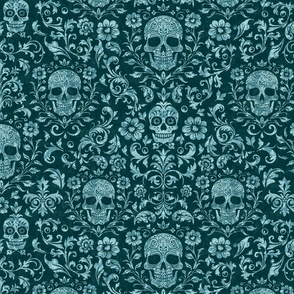 Mystical Macabre Damask Ornament And Skull Pattern Emerald Teal Medium Scale