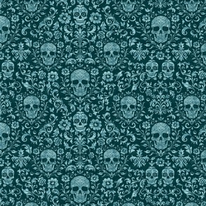 Mystical Macabre Damask Ornament And Skull Pattern Emerald Teal Smaller Scale